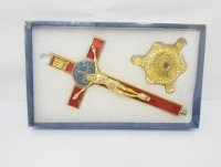 1X Enamel Red Cross Statue Golden Tone Base with Box