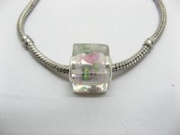 50 Light Pink Silver Flower Cube Glass European Beads