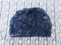 1X Elegant Retro Lace Rose Flower Beanie Hat Head Cap - Dark Blu