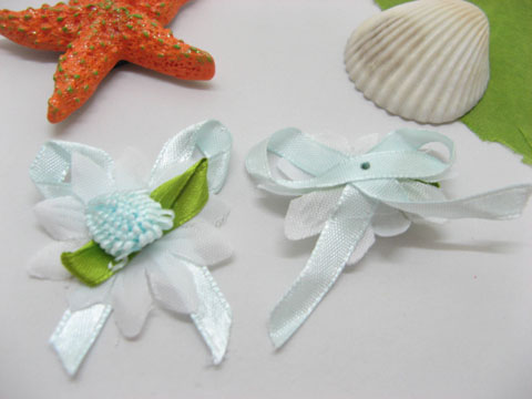 100 Light Blue Craft Satin Ribbon Flowers Embellishment - Click Image to Close