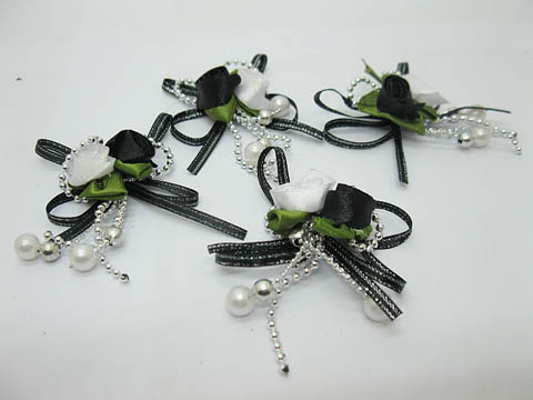 200 Black White Bowknot DIY Craft Flower Embellishment w/Bead - Click Image to Close