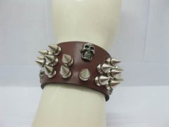 (image for) 12 Brown Leatherette Punk Gothic Spiked Nail Skull Cuff Bracelet