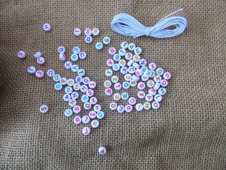 6Packs x 100Pcs White Flat Round Alphabet Beads With String Set - Click Image to Close