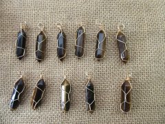 (image for) 10 Gold Wire Wrapped Tiger Eye Pendant Hexagon Prism Beads Charm