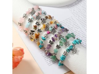 6Pcs Various Elastic Stone Bracelet w/Butterfly Charm (image for) 6Pcs Various Elastic Stone Bracelet w/Butterfly Charm