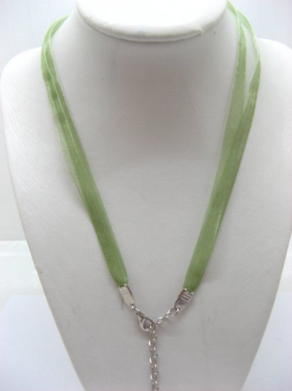 100 Green 2-stranded Ribbon Strings With Connector For Necklace - Click Image to Close