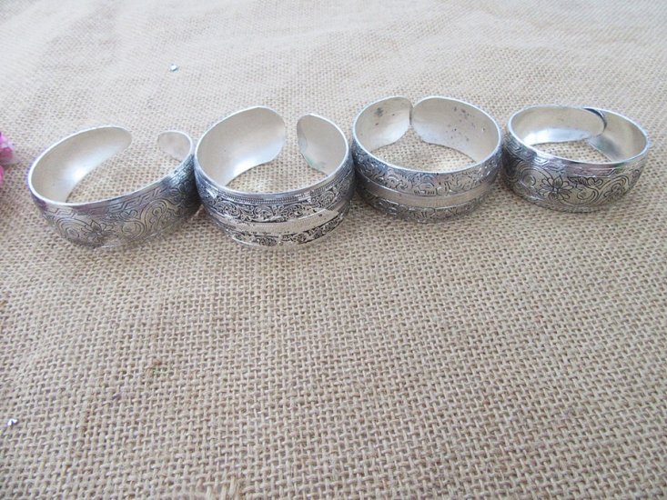 6Pcs Wide Tibetan Silver Bangle Bracelets Flower Design Jeweller - Click Image to Close