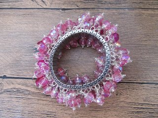 6Pcs Metal Bangle Bracelet with Pink Glass Beads