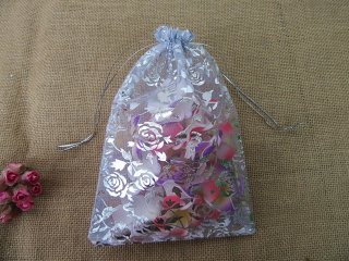 100Pcs White Rose Printed Drawstring Jewelry Gift Pouches 21x14.