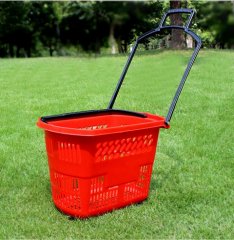 1X Plastic Red Rolling Shopping Baskets with 4 Wheels
