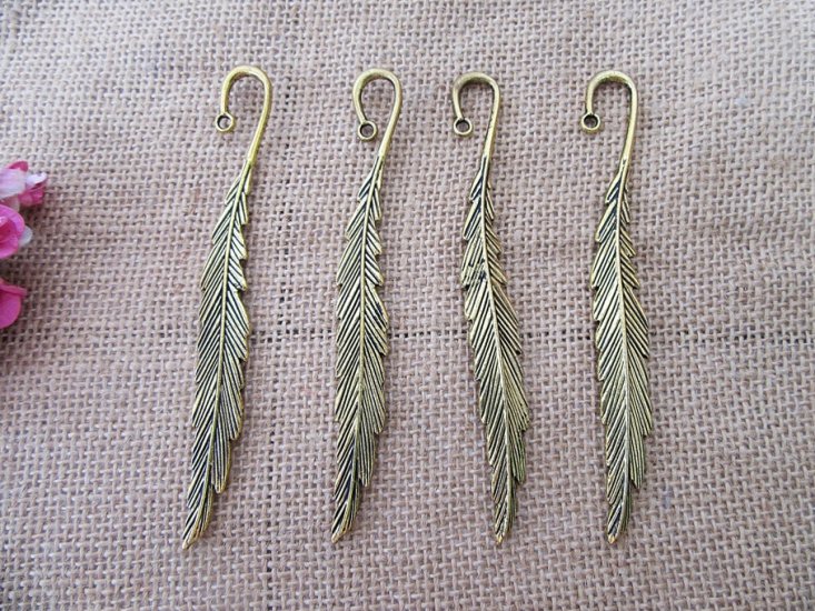 10Pcs Golden Color Feather Carved Hook Metal Bookmarks - Click Image to Close