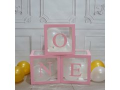 (image for) 1Setx 3Pcs Pink One Balloon Clear Box Baby Shower Birthday Party