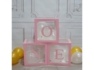 (image for) 1Setx 3Pcs Pink One Balloon Clear Box Baby Shower Birthday Party