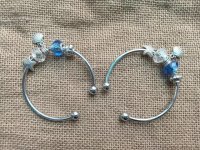 6Pcs Silver Bangles Cuff Bracelet with Blue Charm