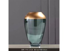(image for) 1Pc Modern Teardrop Shape Prussian Transparent Blue Glass Vase w/Gold Rim Accent