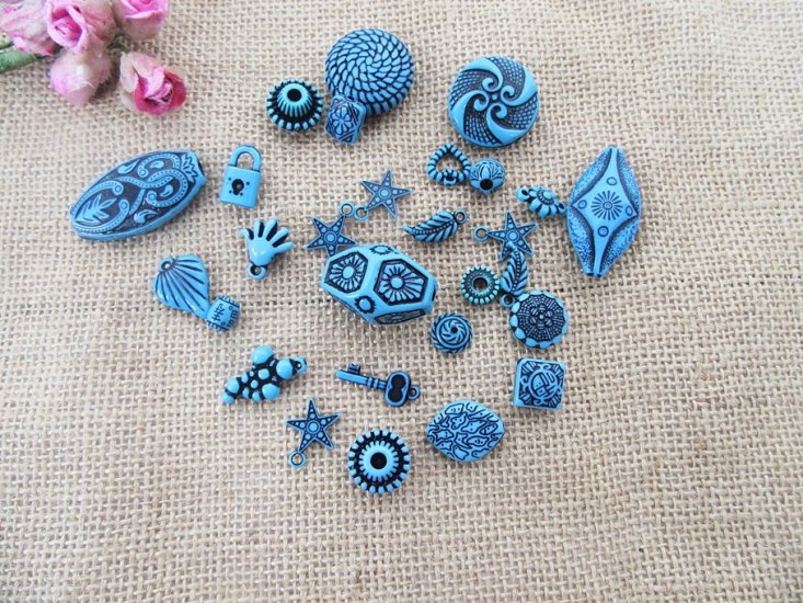 250g Blue Tribal Pattern Beads Acrylic Assorted Bead Boho DIY - Click Image to Close