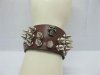 12 Brown Leatherette Punk Gothic Spiked Nail Skull Cuff Bracelet