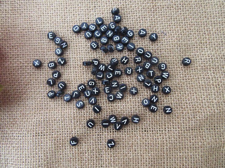 12Packs x 90Pcs Black Flat Round Plastic Alphabet Beads 7mm Dia - Click Image to Close