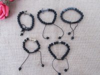 12Pcs Black Gemstone Beaded Drawstring Bracelets Assorted