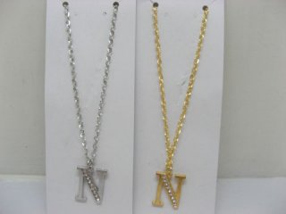 12 Silver&Golden Chain Necklace with Rhinestone Letter "N" Dangl