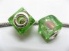 50 Green Silver Flower Cube Glass European Beads