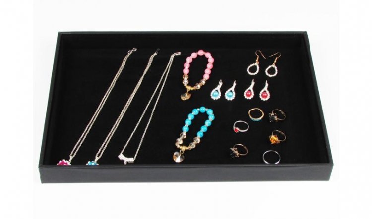 1X Black Leatherette & Velvet Necklace Bracelet Etc Jewelry Case - Click Image to Close