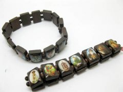 60 Wooden Beaded Bracelets with Jesus Religious Sticker on