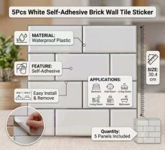 (image for) 5Pcs White Self-Adhesive Wall Tile Sticker Brick Wall Sticker