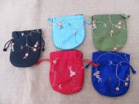 6Pcs Embroidered Silk Drawstring Jewelry Gift Pouches Mixed Colo