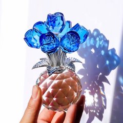 (image for) 1Pc Crystal Blue 7-Headed Rose Flower Bouquet Ornament Eternal Rose Decorative Gift