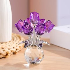 (image for) 1Pc Crystal Purple 7-Headed Rose Flower Bouquet Ornament Eternal Rose Decorative Gift