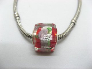 50 Red Silver Flower Cube Glass European Beads
