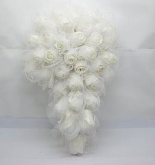 1X Artificial White Rose Wedding Bridal Teardrop Bouquet w/Powde