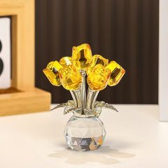 (image for) 1Pc Crystal Yellow 7-Headed Rose Flower Bouquet Ornament Eternal Rose Decorative Gift