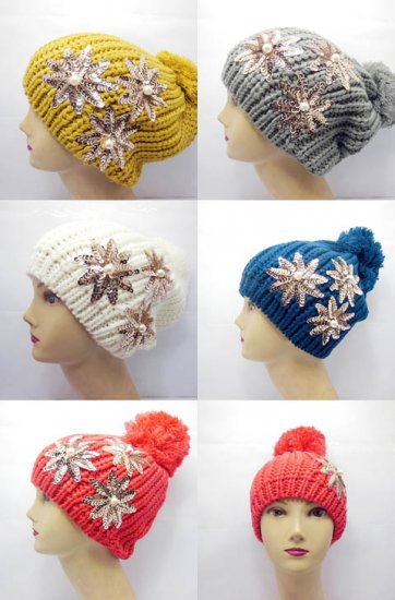 5X New Fashion Caddice Crochet Hat w/Sequin Flower Mixed - Click Image to Close