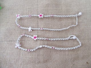 12Pcs Hemp Cord Handmade Knitted Necklaces With Pink Frangipani