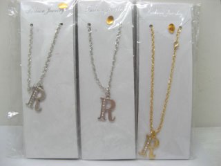 12 Silver&Golden Chain Necklace with Rhinestone Letter "R" Dangl