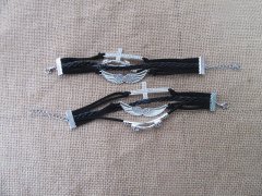 (image for) 12Pcs Fashionable Black Leatherette and Twine Metal Pendant Brac