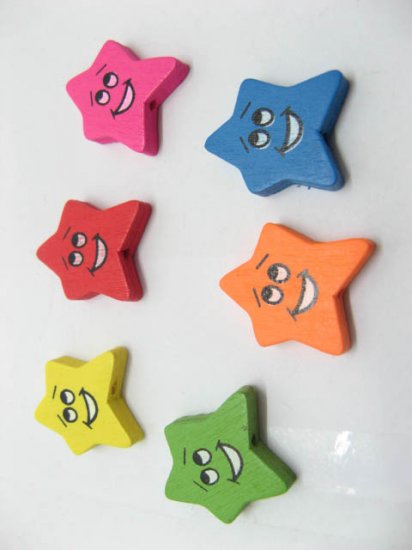 300 Smile Face Star Wooden Beads Mixed Color - Click Image to Close