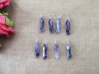 10 Silver Wire Wrapped Amethyst Pendant Hexagon Prism Beads