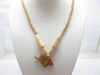 12 Tribal Wooden Beaded Necklaces with Elephant Pendant