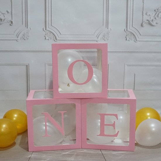 1Setx 3Pcs Pink One Balloon Clear Box Baby Shower Birthday Party - Click Image to Close