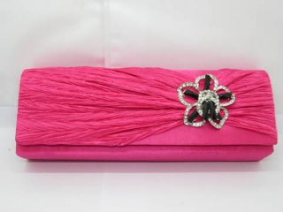 1Pc Fuschia Satin Evening Handbag Wedding Clutch Bag w/Flower