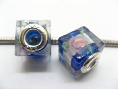 50 Blue Silver Flower Cube Glass European Beads 50 Blue Silver Flower Cube Glass European Beads