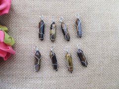 (image for) 10 Silver Wire Wrapped Tiger Eye Pendant Hexagon Prism Beads