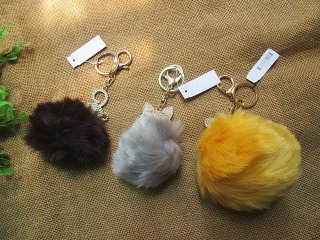 (image for) 4Pcs Plush Pom Ball Fur Ball w/Diamond Keyring Key Chain for Bag