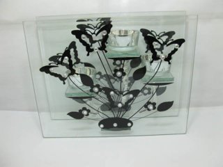 1X Glass Tea Light Holder Triple Holder Butterfly Pattern