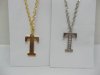 12 Silver&Golden Chain Necklace with Rhinestone Letter "T" Dangl