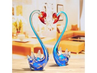 1Pr x 2Pcs Blue Handmade Art Glass Swan Figurine Ornament 30cm
