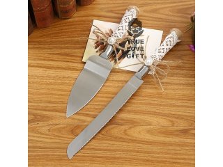1X Wedding Cake Knife & Serving Set - Burlap Handle Gift Boxed